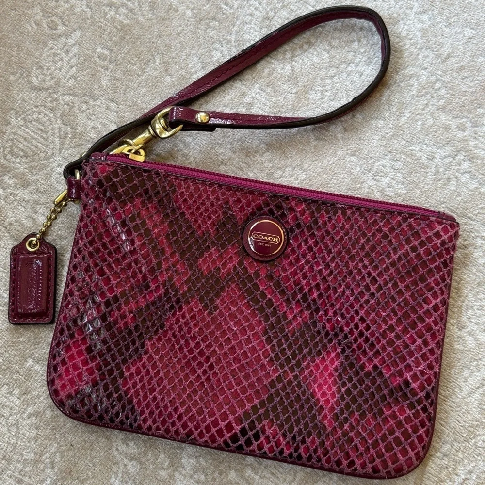 COACH Leather Zippered Wristlet Snakeskin Raspberry Pink Embossed Python Exotic